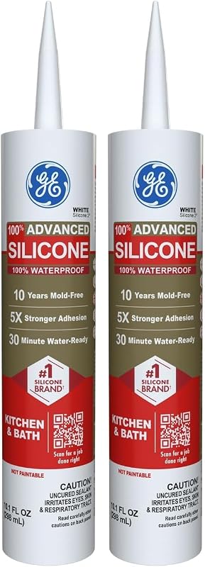 GE Advanced Silicone Caulk for Kitchen & Bathroom, White, 10 fl oz Cartridge, 2 Pack - 100% Waterproof Silicone Sealant, 5X Stronger Adhesion, Shrink & Crack Proof