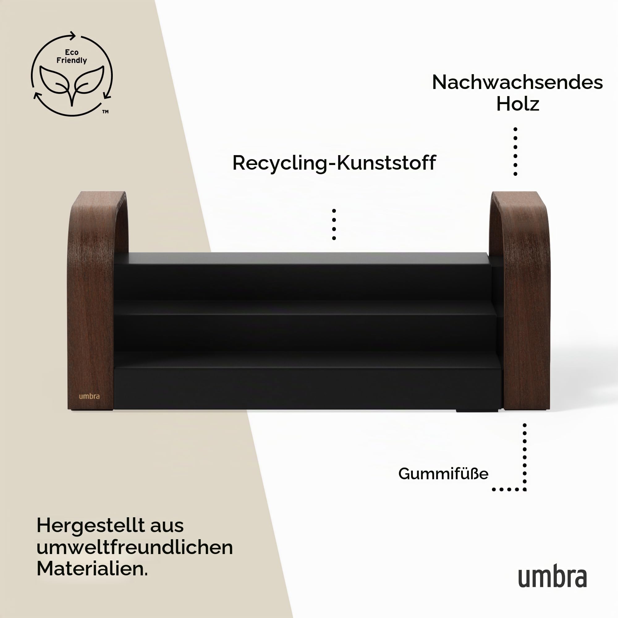 Umbra Bellwood dreistöckiges Gewürzregal, erweiterbarer Küchen Organizer aus strapazierfähigem Kunststoff und Holz, Schwarz/Walnuss