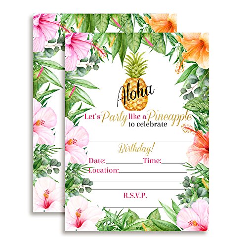Tropical Flowers Pineapple Aloha Luau Party Invitations, 20 5"X7" Fill In Cards With Twenty White Envelopes By Amandacreation #TOP9