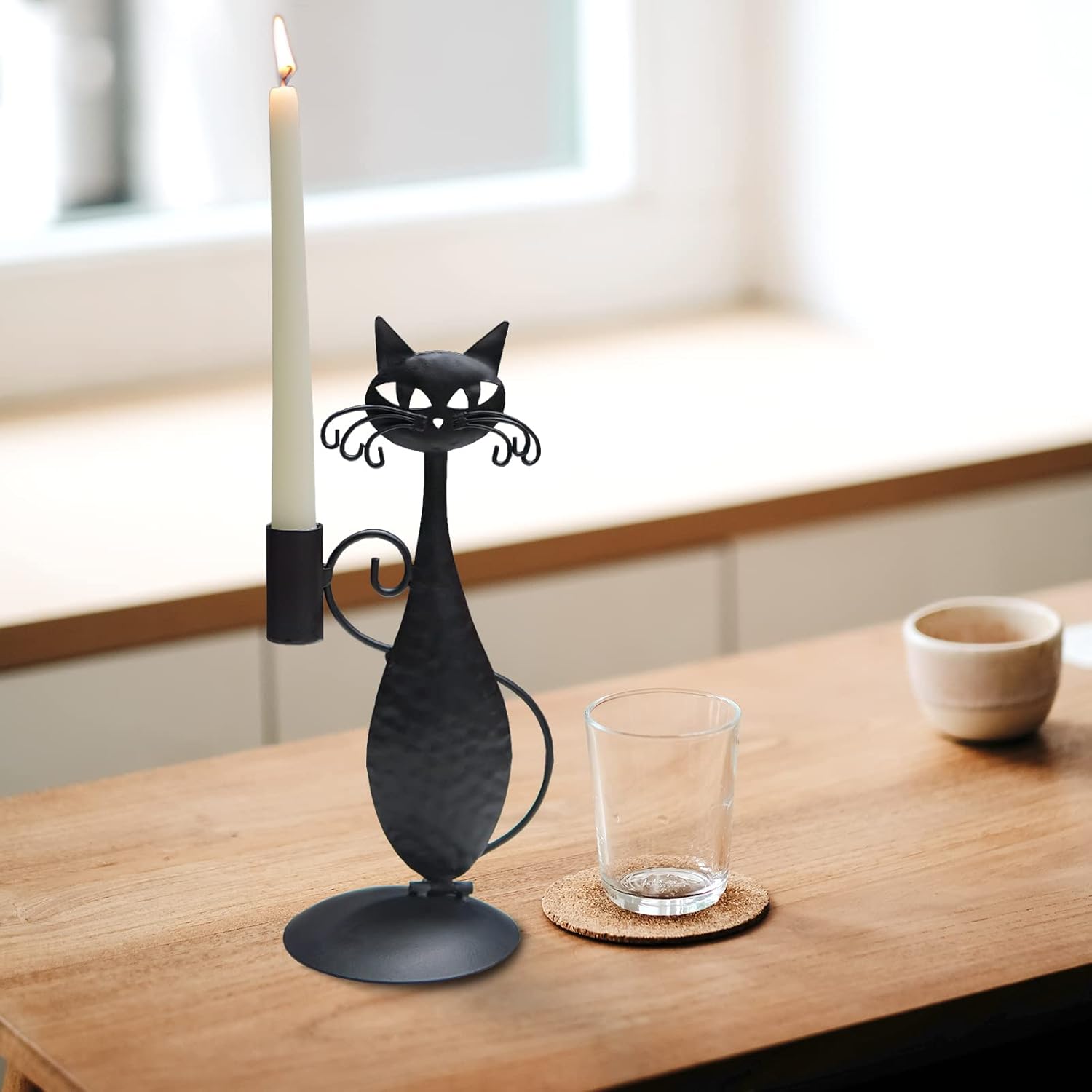 Cat Black Candlestick Holders for Led Flameless Candles, Retro Rustic Farmhouse Home Metal Cat Decor Candlestick for Centerpiece, Dining Table, Housewarming Gifts