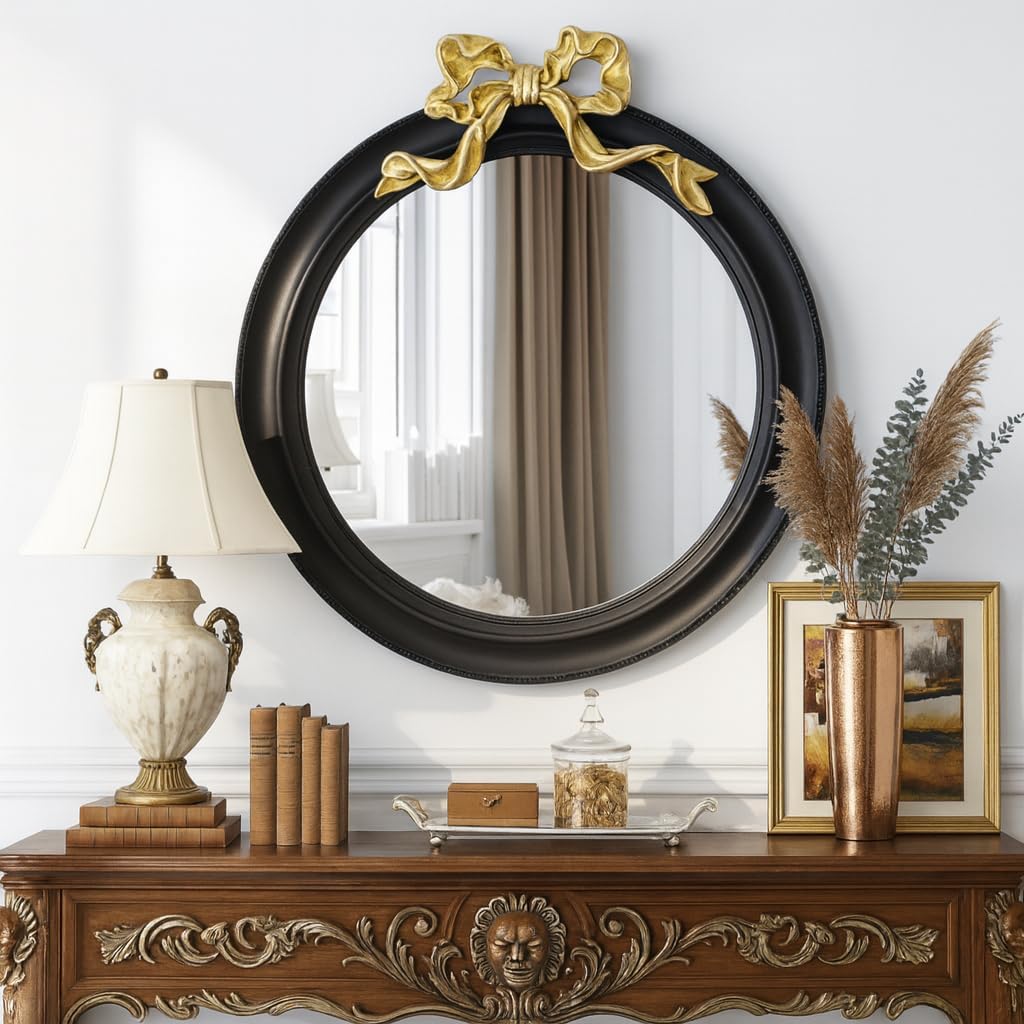 25x25 inch Bow Antique Round Mirror for Wall, Gold & Black Decorative Wall-Mounted Circle Mirror, Perfect for Bedroom, Hallway, Living Room Décor, and Bathroom Vanity