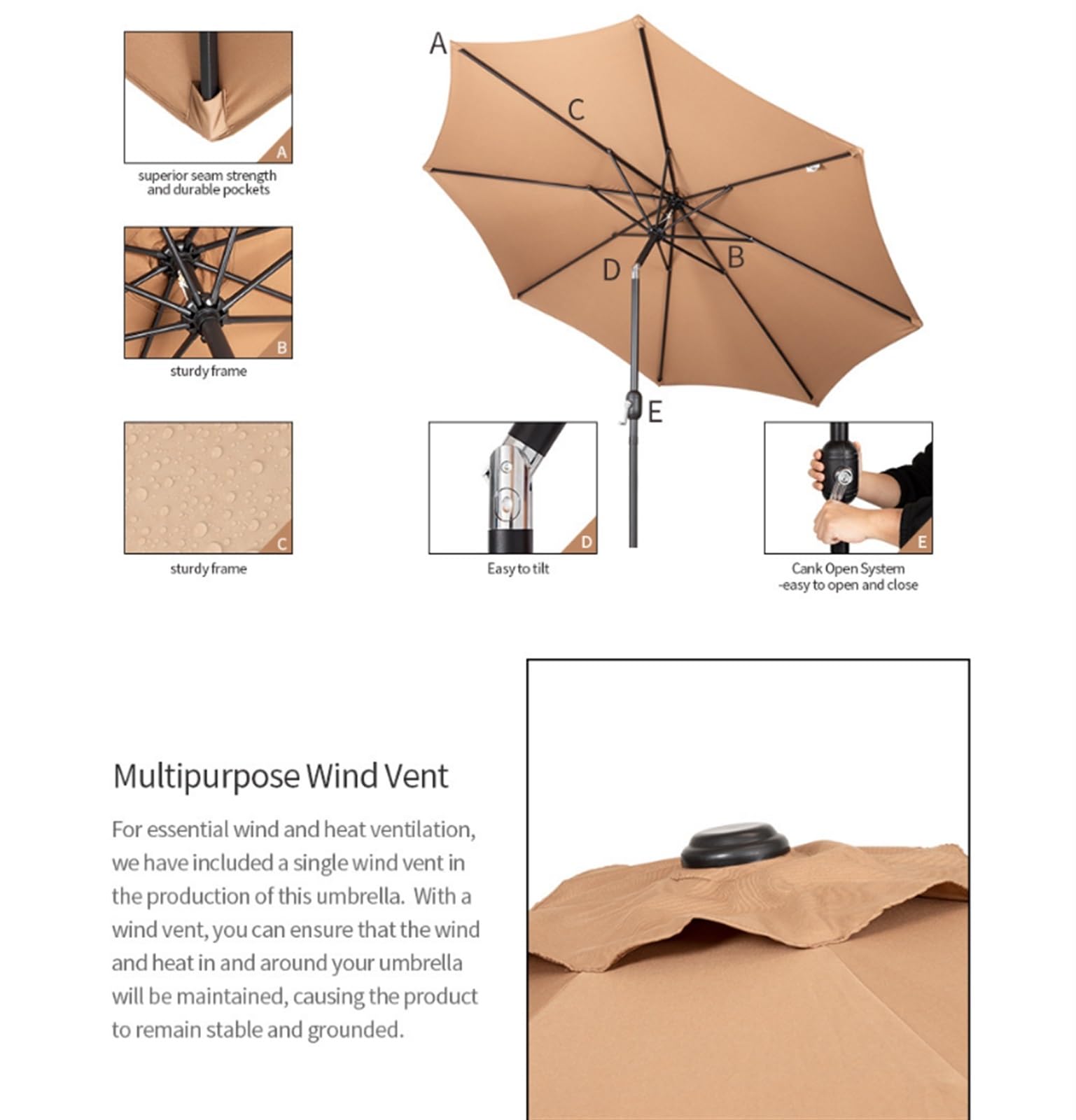 Parasol Tarasowy Zewnętrzny Parasol Na Patio Stół Zewnątrz Z Odchylaniem I Korbą 8 Stalowych Żeber Bez Podstawy Zewnątrz(B)