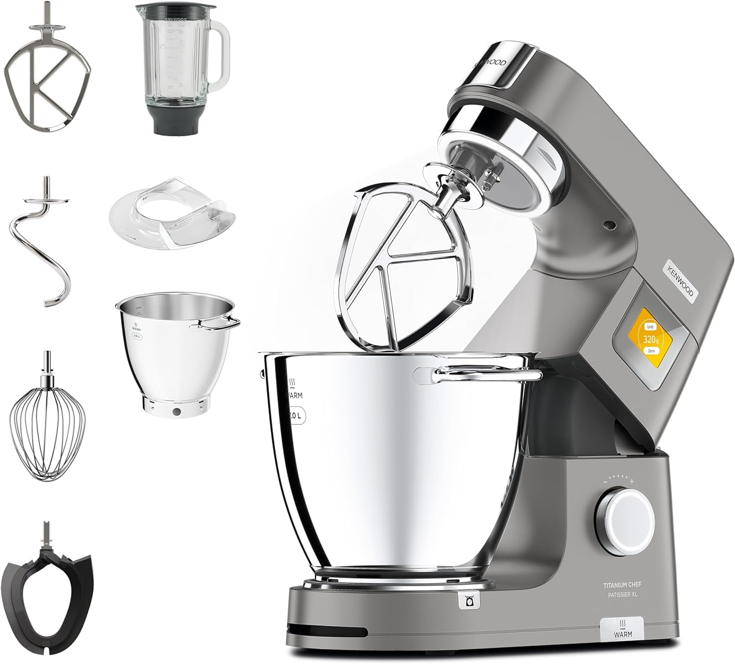 Kenwood Kwl90.034Si Impastatrice Planetaria Titanium Chef Patissier Xl Con Ciotola Easywarm Da 7L & Kax950Me Accessorio Tritacarne Per Impastatrice Planetaria, Acciaio, Argento