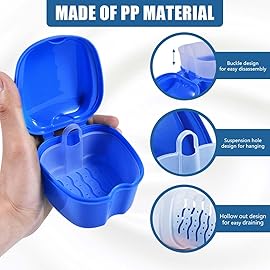 KISEER 2 Pack Denture Bath Case Cup Box Holder Storage Container with Denture Cleaner Brush Strainer Basket for Travel Cleaning (White and Blue)