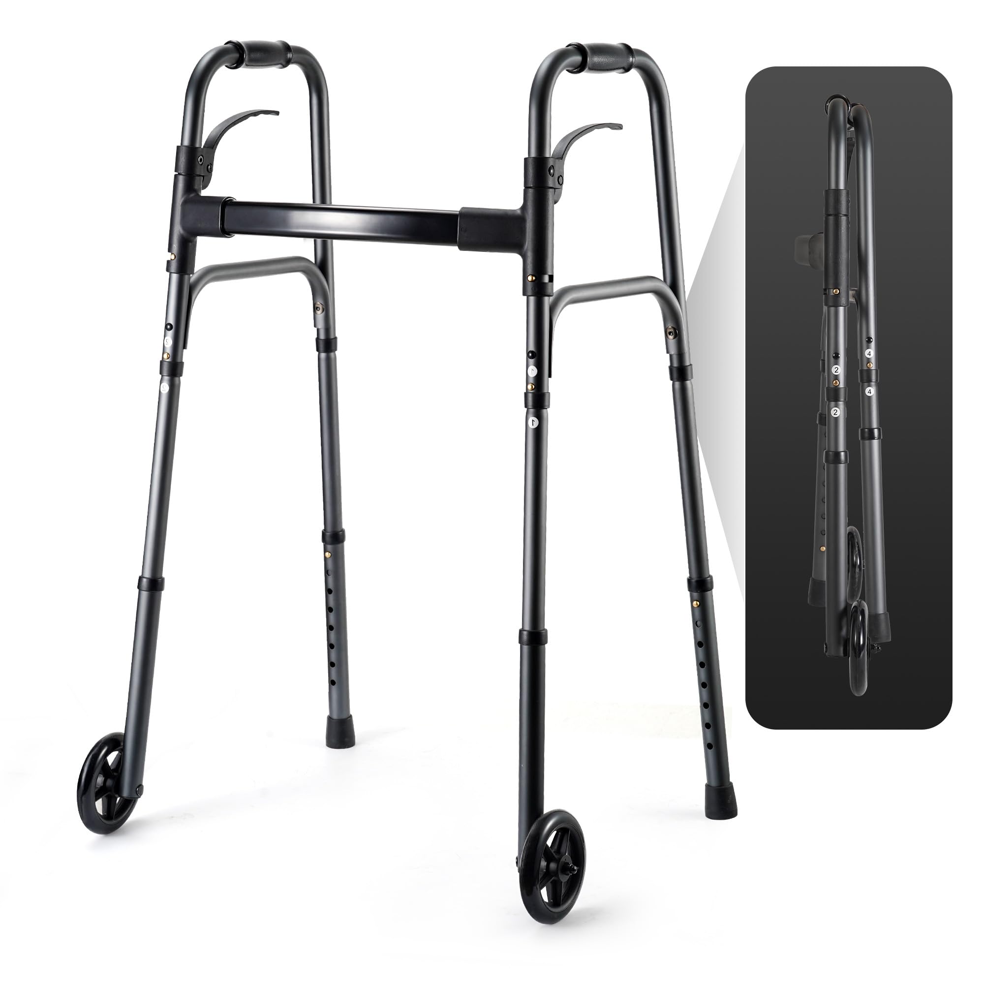 Careboda Andador para personas mayores, marco médico plegable y portátil con ruedas fijas de 12,7 cm, altura ajustable y función de disparador, ideal para adultos