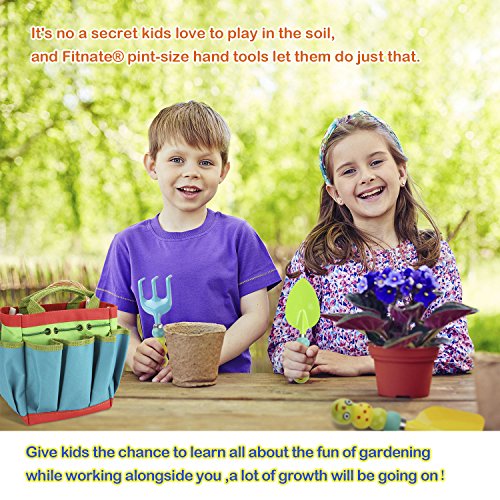 Fitnate Green Kids Garden Tools Set,6 Pcs Garden Tools Including Watering Can, Shovel, Rake, Fork, Children Gardening Gloves And Garden Tote Bag, All In One Set #TOP2