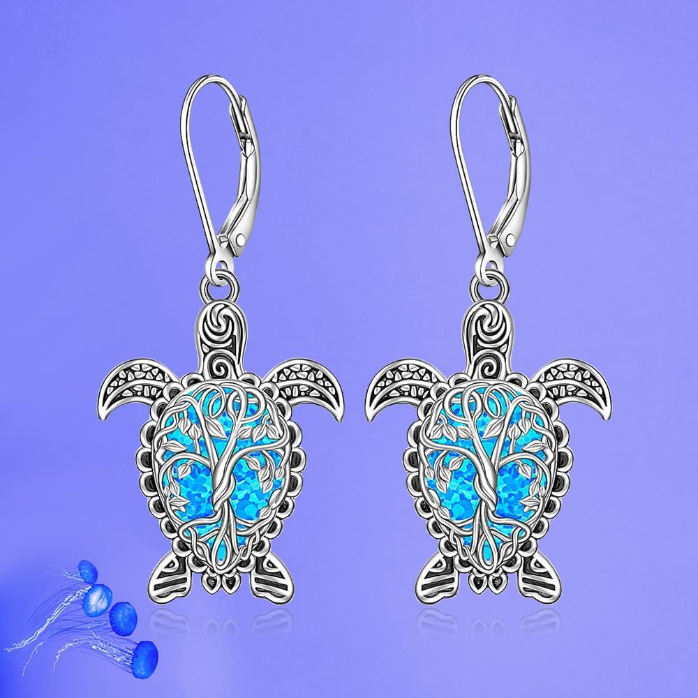 Turtle Earrings Blue Opal Tree of Life Sea Turtle Earrings for Women Sterling Silver Leverback Drop Dangle Hawaiian Ocean Jewelry - Image 6