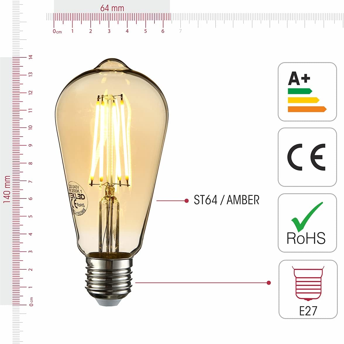 TEKLED® ST64 Filament Vintage LED Bulbs, Warm White, 6 Count (Pack of 1) - Image 3