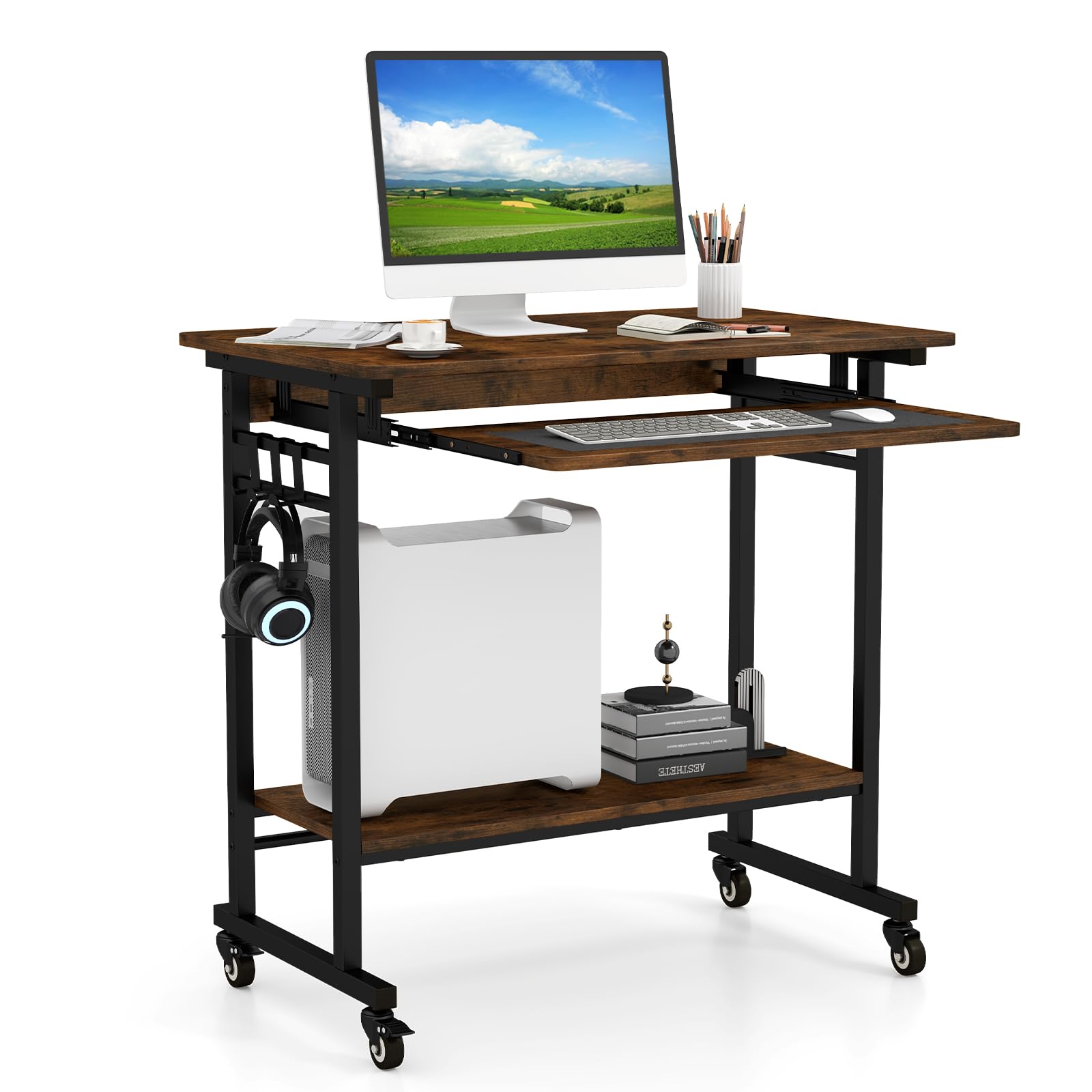 GOFLAME Mobile Computer Desk with Pull-Out Keyboard Tray, Compact Laptop Cart, Home Office Desk with Lockable Wheels, Writing Workstation, CPU Stand,