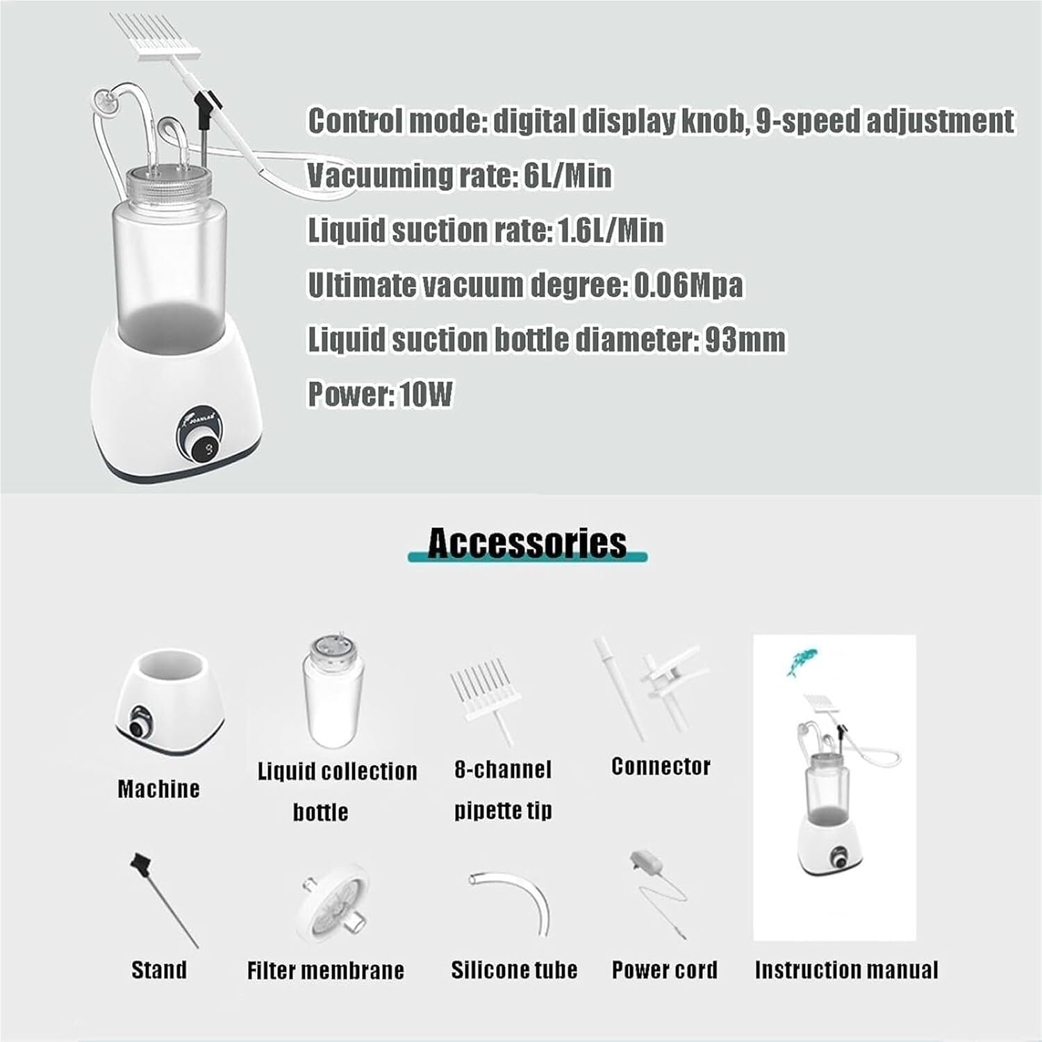 Liquid Collector Aspirator, Liquid Recycler Vacuum Aspirator, 1L Laboratory Waste Liquid Recycler, with Aspiration Head and Holder, 9-Speed Adjustable, Liquid Suction Rate 1.6L/Min