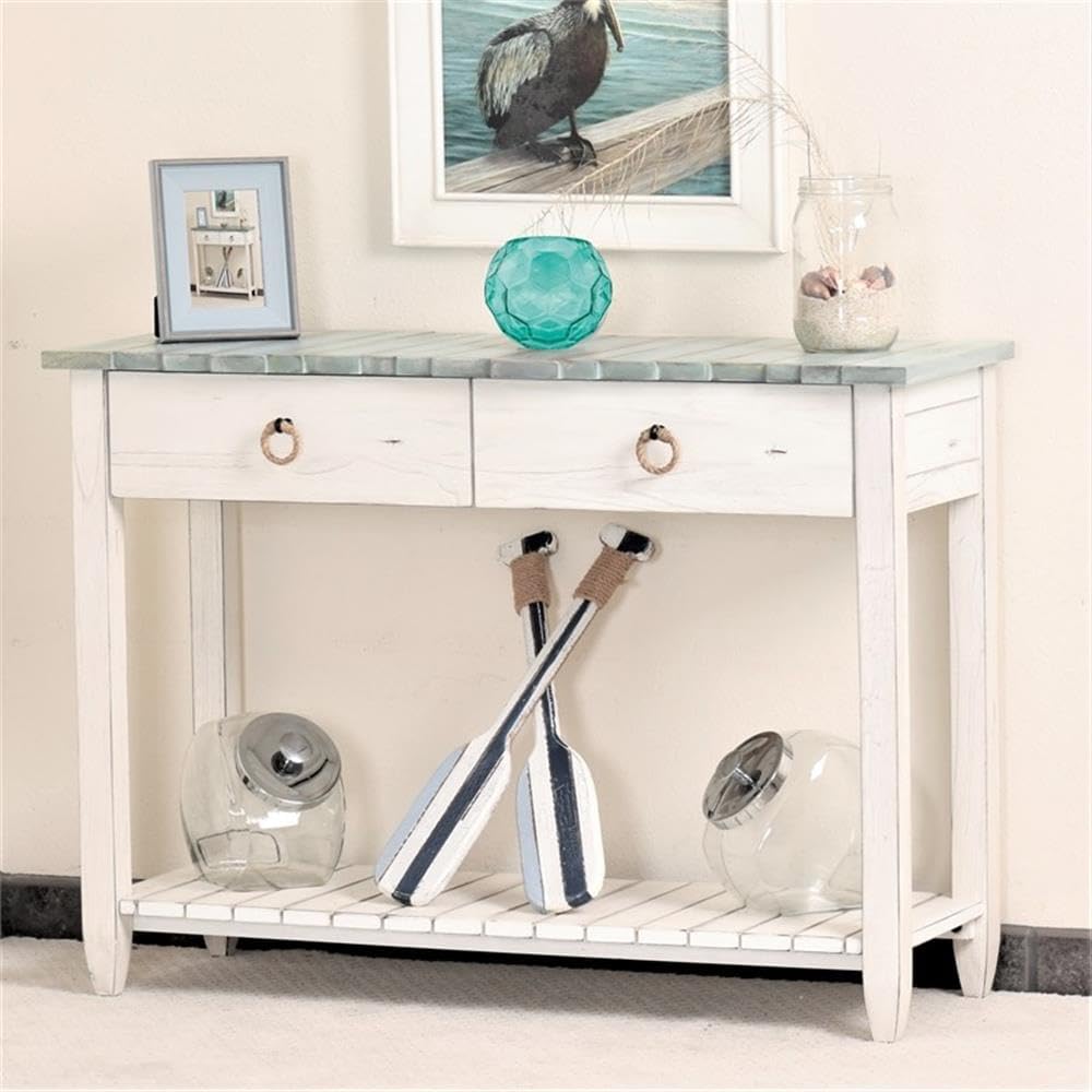 Pemberly Row Contemporary Wood Console Table, 42"W x 14"D x 30"H, Solid Mindi/White Cedar, White and Blue Finish, 2 Drawers with Rope Ring Pulls, Shelf Included, Coastal Style Entryway or Living Room