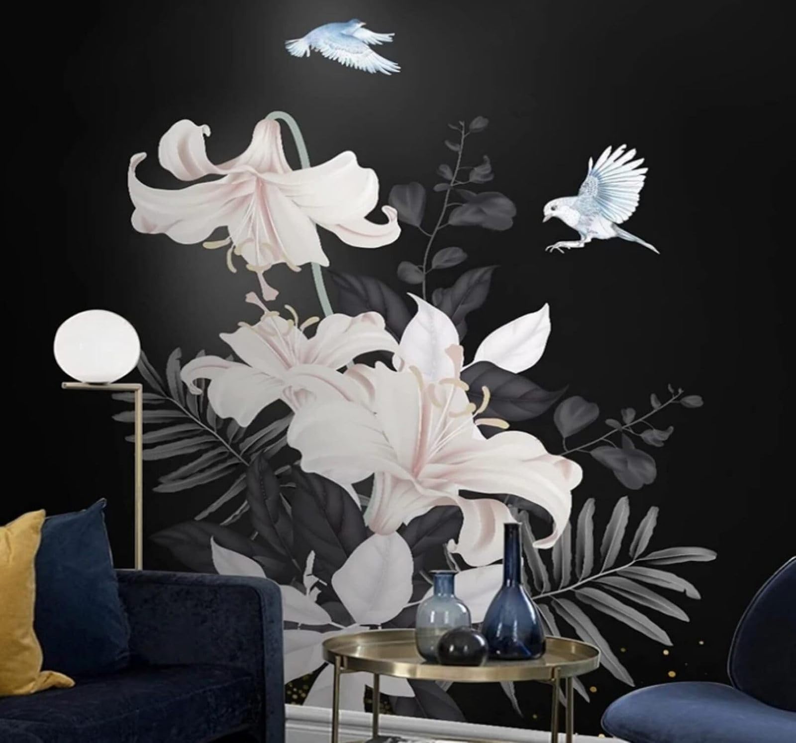 Xlming 430Cm×300Cm(B×H) Hand Drawn Lilies Birds Black Background 3D Wallpaper Luxury Silk Study Dining Feature Sofa Grey Bedroom Living Room Tv Decorative Wall-430Cm×300Cm