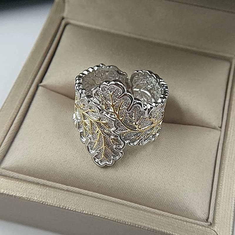 Retro Two-Color Leaf Grain Vine Leaf Flower Wedding Anniversary Statement Band Ring Court-Style Eternity Ring for Women(10