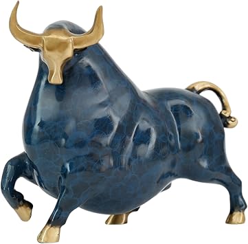 Abstract Bull Bronze Sculpture - 8.7" Modern Art Brass Bull/Cow/Ox Figure Statue for Home Office Decoration, Unique Artistic Decor Blue
