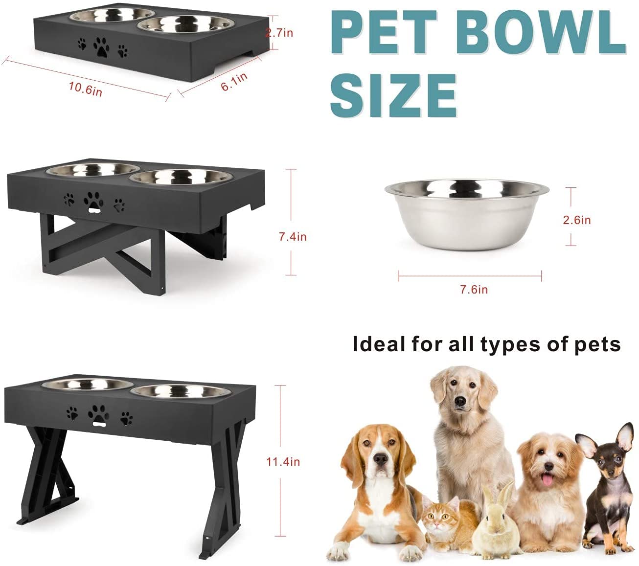 Comedero para perros elevado con 2 cuencos de acero inoxidable, plegable, 3 alturas ajustables y antideslizante, soporte para comedero para perros grandes, medianos y pequeños, gatos y mascotas