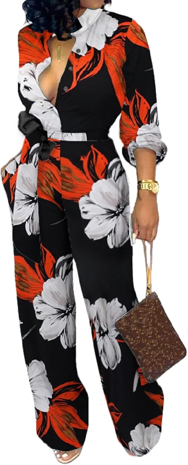 CuteCherry Women Jumpsuits Elegant Long Sleeve Sexy V Neck Casual Long Wide Leg Pants with Pockets Belt - Image 4