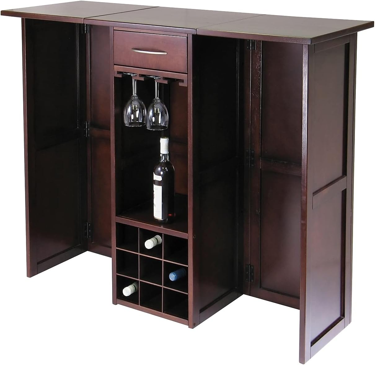 Winsome Newport Expandable Counter Wine Bar in antique walnut, shown fully expanded with wine bottles and glasses.