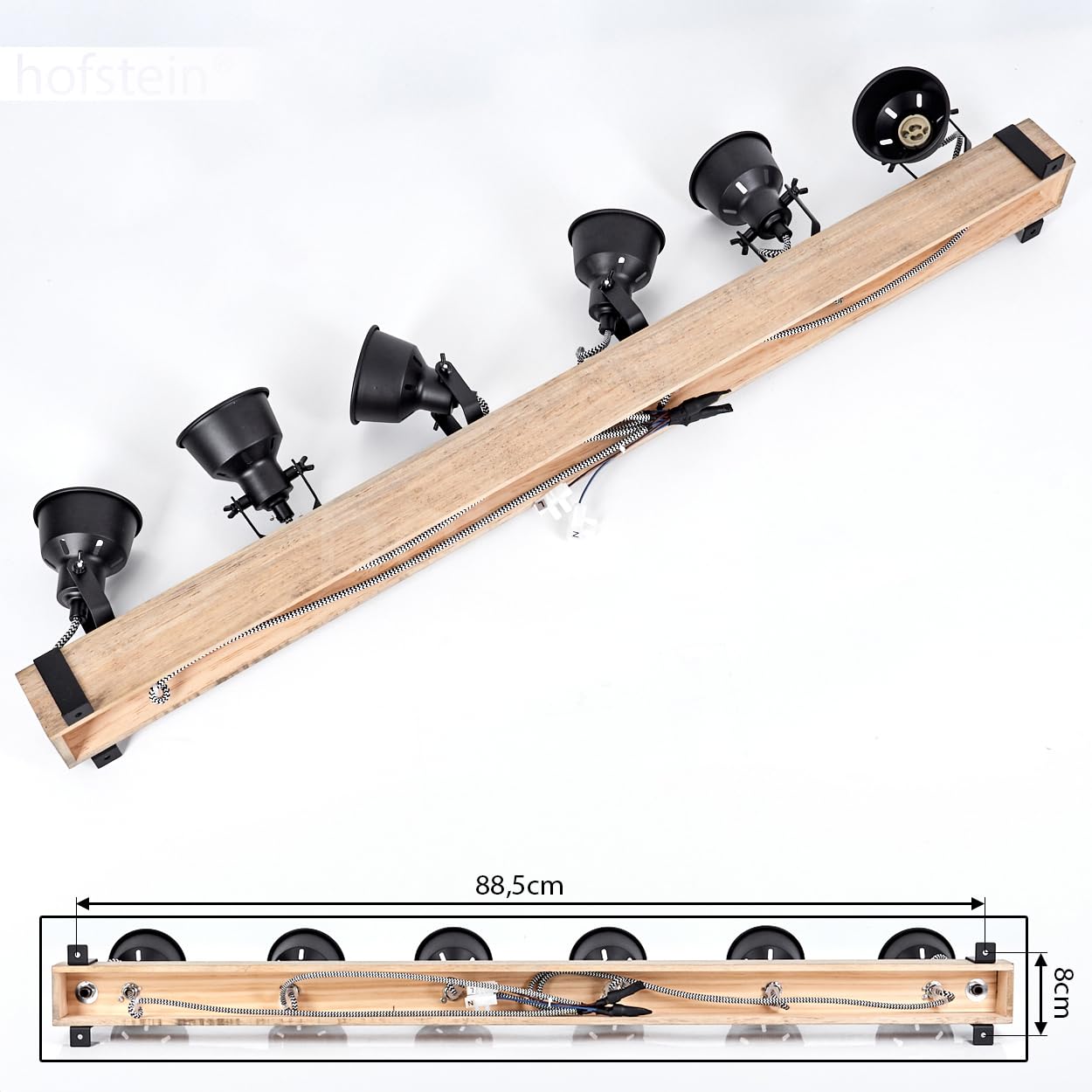 HOFSTEIN Deckenleuchte Safari, verstellbare Deckenlampe aus Metall/Holz in Schwarz/Natur, Leuchte im Industrial/Retro/Vintage-Design, Holzbalken, 6 x GU10, Wohnzimmer, Esszimmer, Schlafzimmer, Küche
