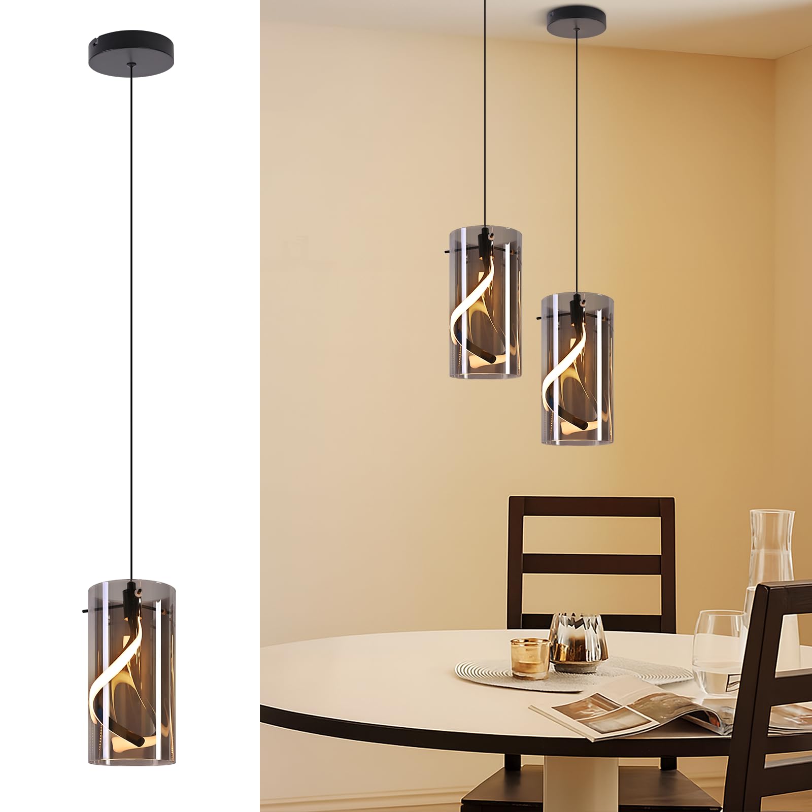 Laittiin LED Pendelleuchte Esstisch Hängelampe Vintage - Hängeleuchte Glas 1 Flammig 8W Retro Hängend Esstischlampe Rauchgrau Pendellampe 3000K Warmweiß Flurlampe für Wohnzimmer Esszimmer Küche