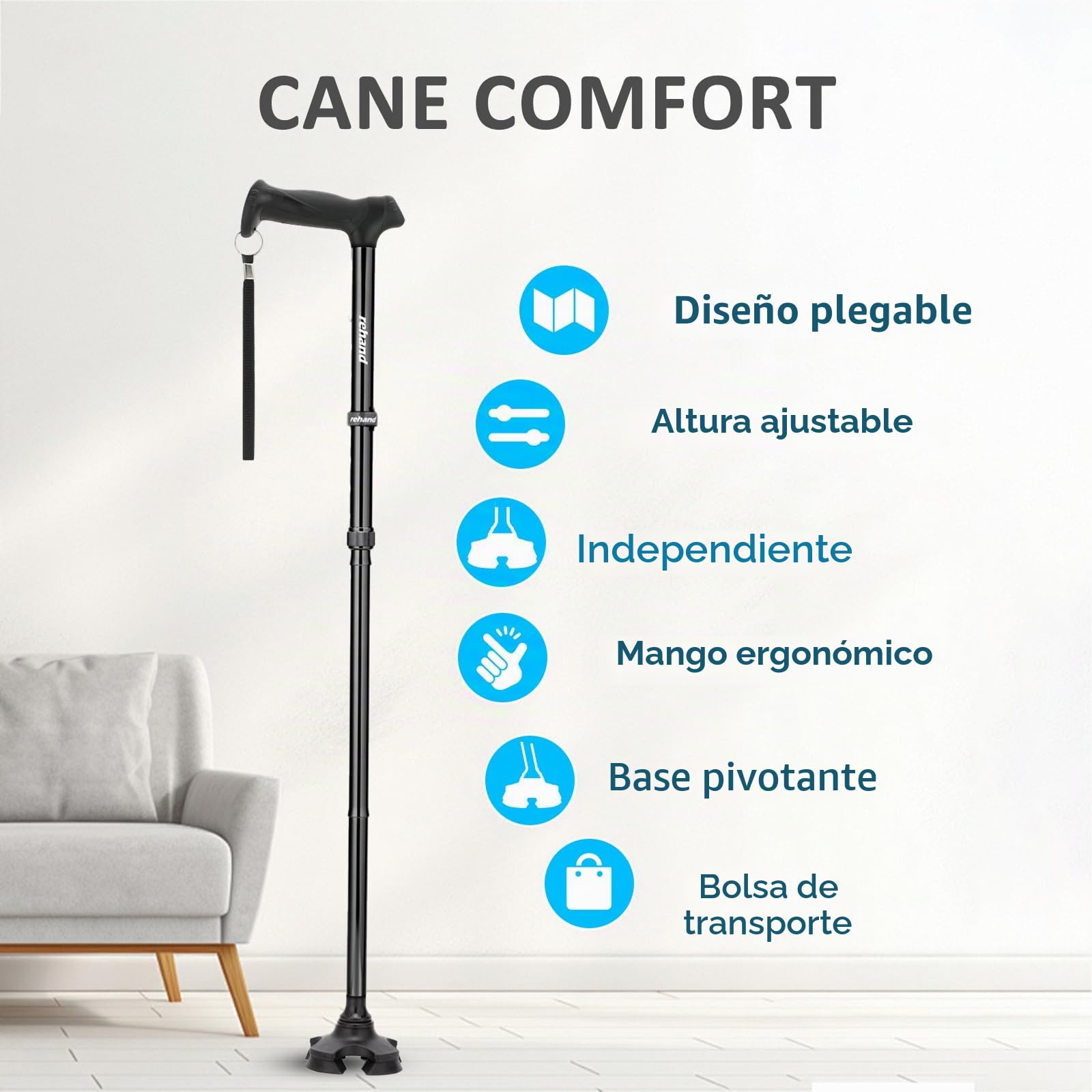 Rehand Bastón para Hombres y Mujeres, Plegable, Ajustable, Ligero, Pivote Autónomo, Agarre de Mango Suave, con Bolsa de Viaje, Bastones para Personas Mayores y Adultos