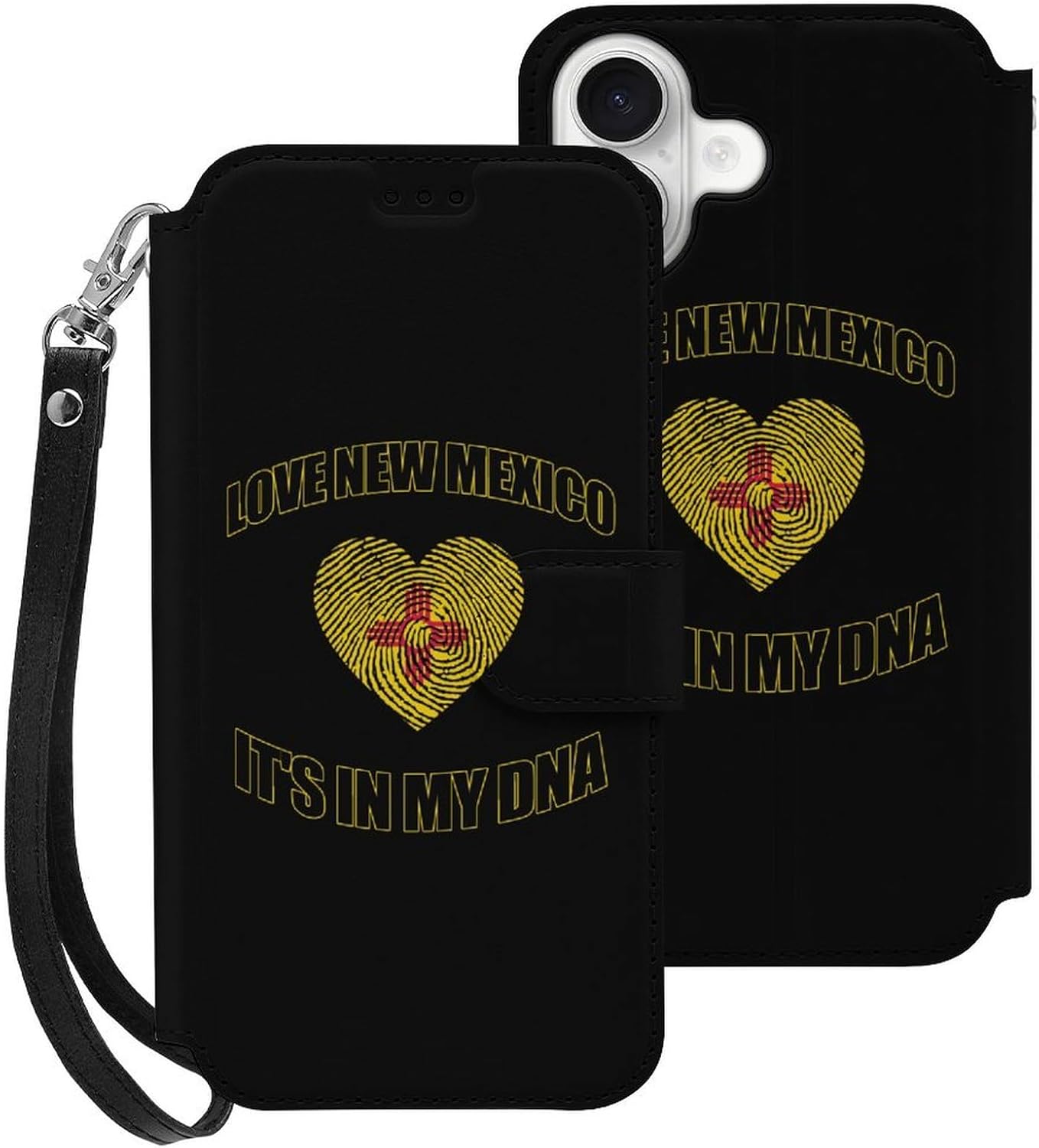 Love New Mexico State My DNA Compatible with iPhone 16/16 Plus/16 Pro/16 Pro Max/16 E Case Phone Wallet Card Holder Flip Cover with Wrist Strap