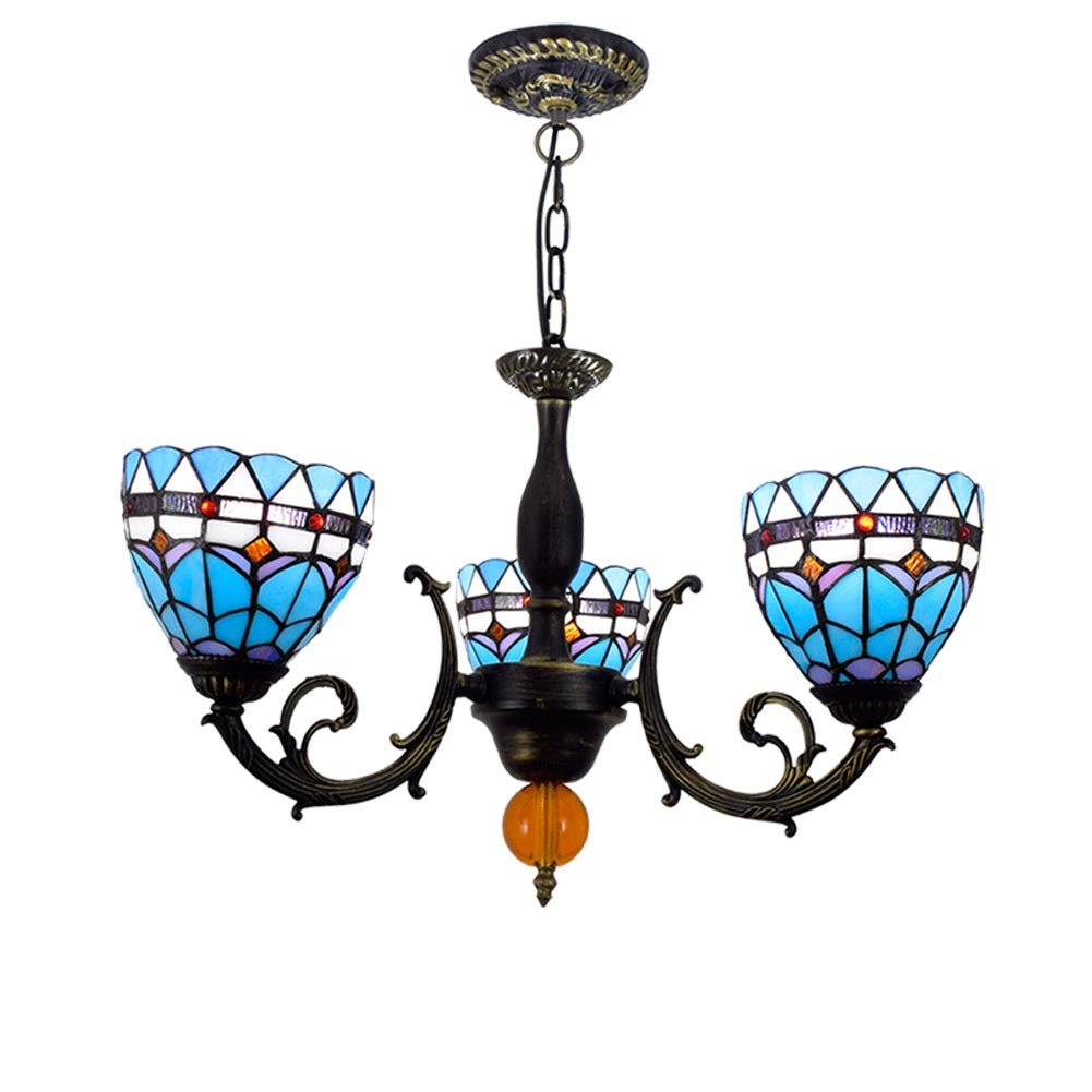 KXEcoLife Ceiling Pendant Light Fixture 6 Inches Tiffany Style Stained Glass Mediterranean Lamp Shades 3 Arms Chandelier with Inverted