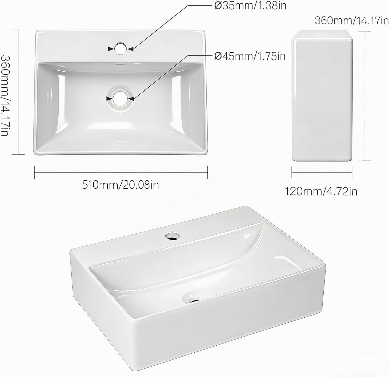 NUESTRA VIDA​ Lavabo à Poser Blanc Rectangulaire | Céramique Haute Qualité | Pour Salle de Bain & WC | Dimensions : 51 x 36 x 12 cm