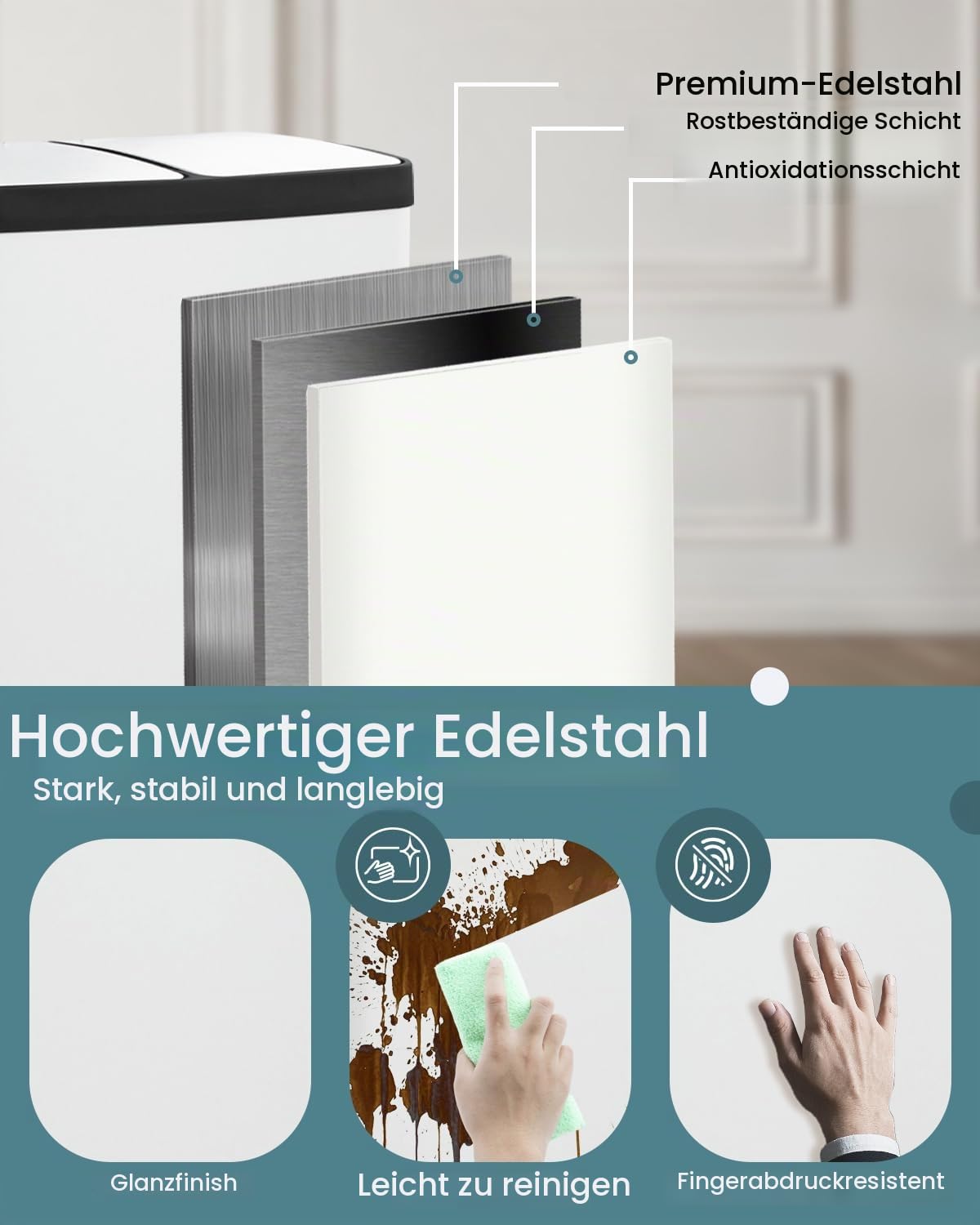 Mülleimer 2 fächer 40L, Mülltrennsystem, Mülleimer 2x20L, Weiß | Mülleimer Küche, 40L Doppel Treteimer Mülltrennung, Abfalleimer Mit Deckel, Inneneimern, Für Recyclingmaterialien Und Abfall