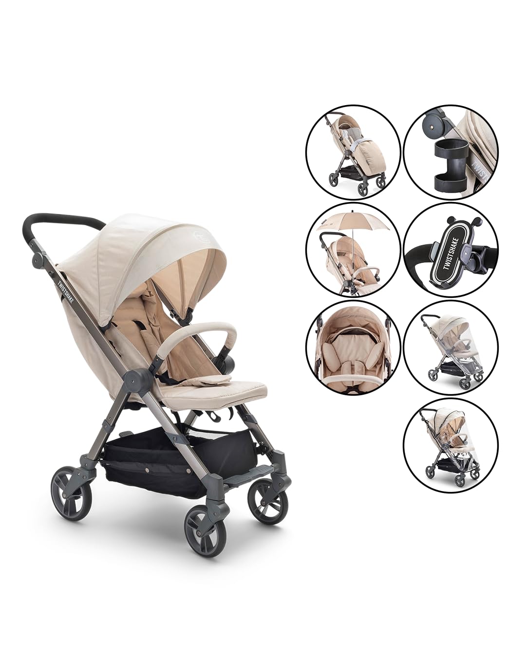 Poussette Pliante Twistshake 7 en 1 pour Bébé - Beige avec Accessoires