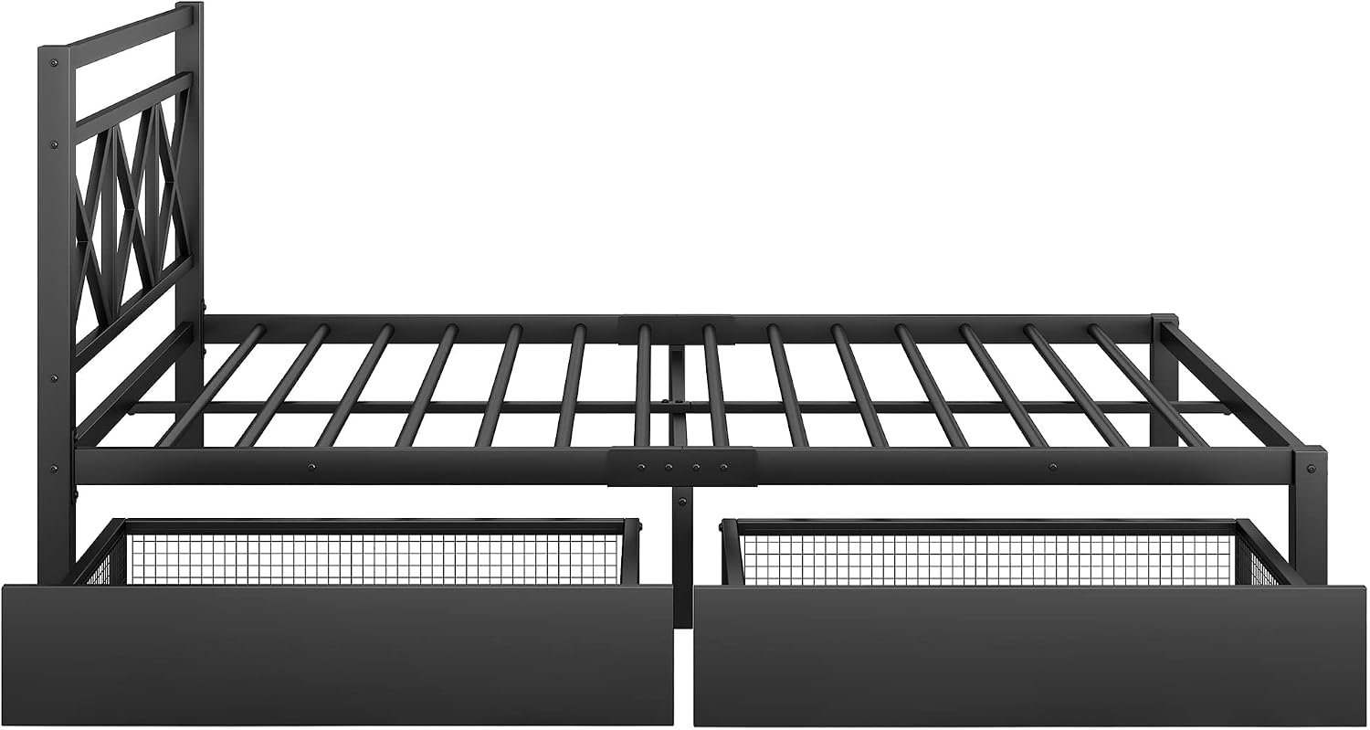 Bellemave Queen Bed Frame with 2 Storage Drawers, Queen Size Metal Platform Bed with Headboard, Noise-Free, No Box Spring Needed, Black, Black With Drawers