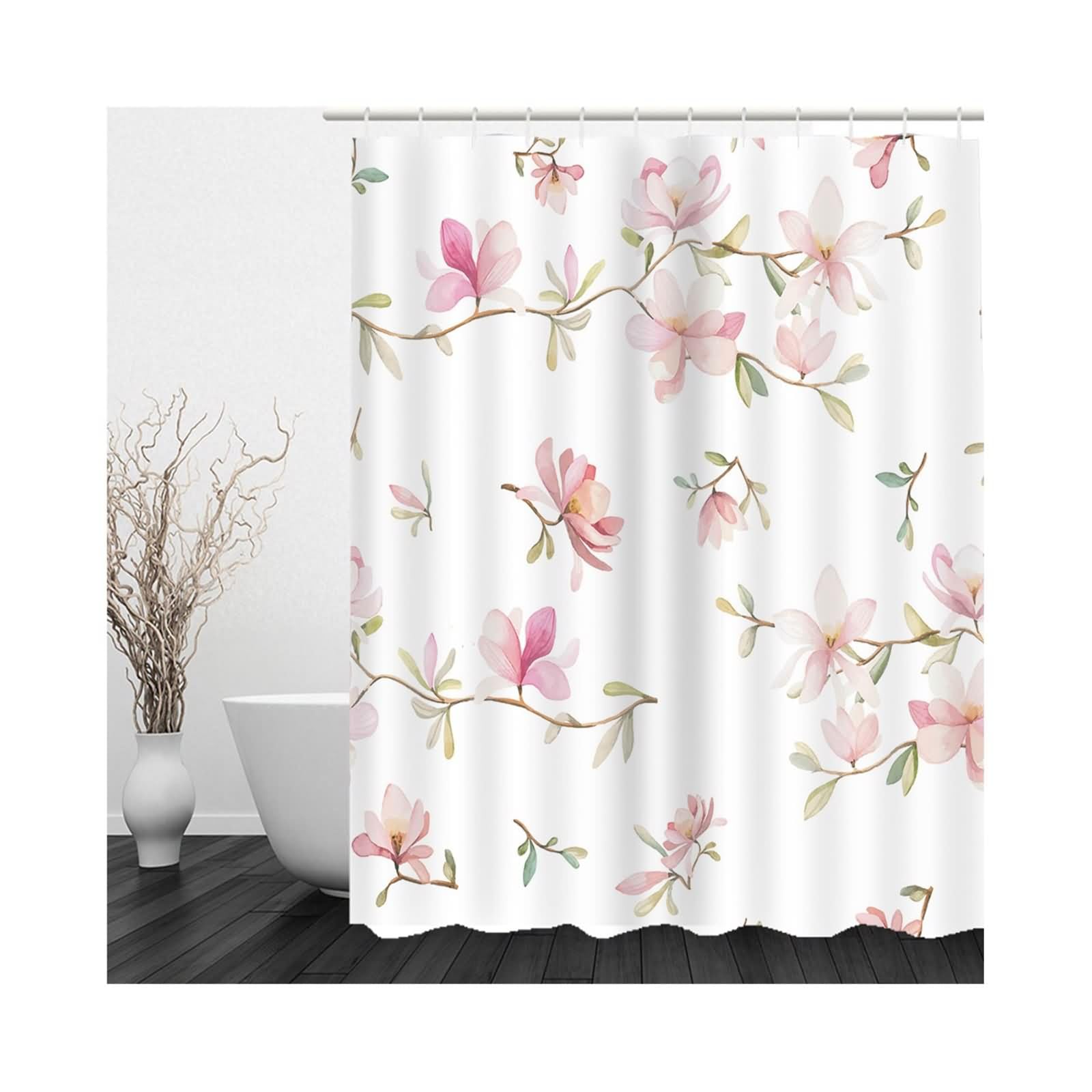 Cortina Baño Niña Cortina Ducha Algodon Flores Rosa Cortina De Baño con Trabillas Cortina De Ducha Originales White Gray Tejido Texturizado De Lujo, Bajo con Peso 220x180cm