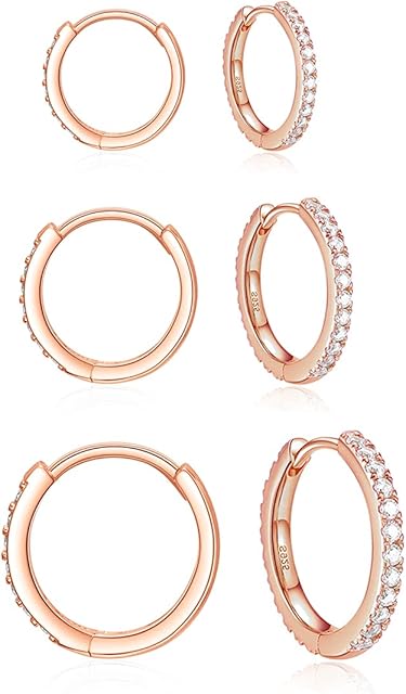 Zolkamery Silver Hoop Earrings Set for Women, 3 Pairs 925 Sterling Silver Hoop Earrings Set with Cubic Zirconia, Small Sleeper Cartilage Hoop Huggie Earrings, Silver Hoop Earrings Set in 8 10 12mm