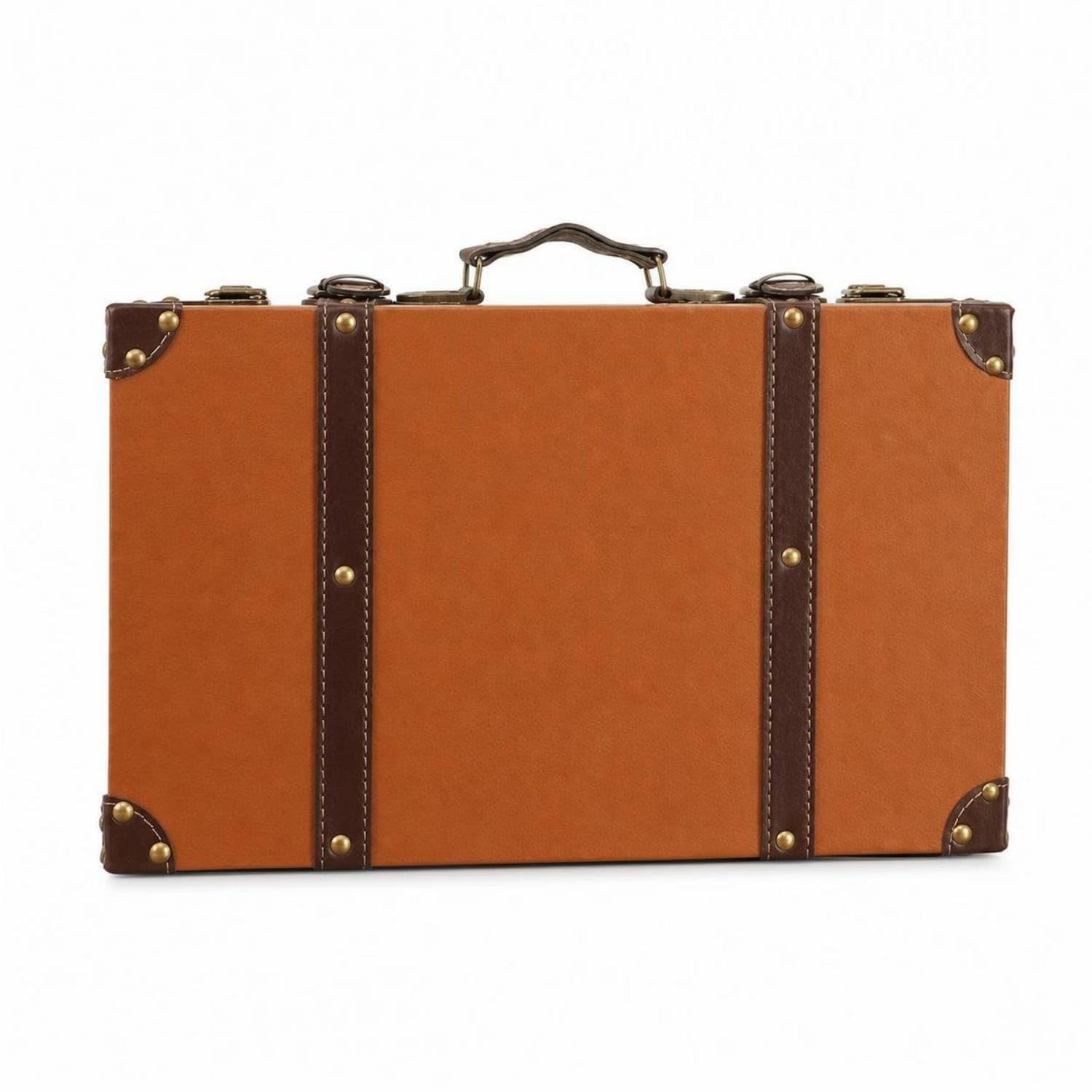 Leather-Like Finish Vintage Trunk-Shaped Storage Box Metal Rivets Suitcase-Style Storage Box Stitched Straps Keepsake Chest Carrying Handle for Photography Prop, Light Brown Style a-image-48