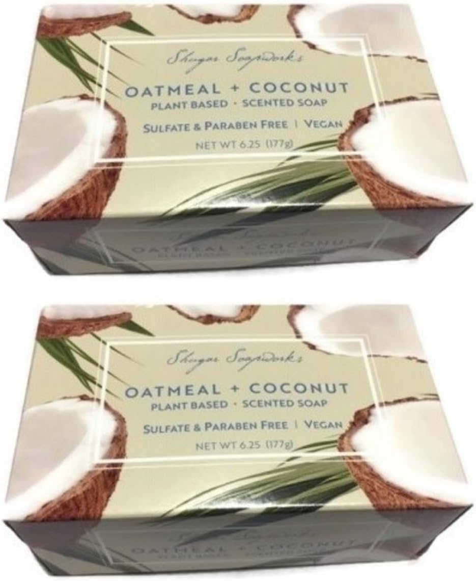 Shugar Soapworks Oatmeal & Coconut Soap 6.25 Oz - Plant Based, Vegan, Natural, Pure, No Dyes, Sulfate & Paraben Free (2 Pack)