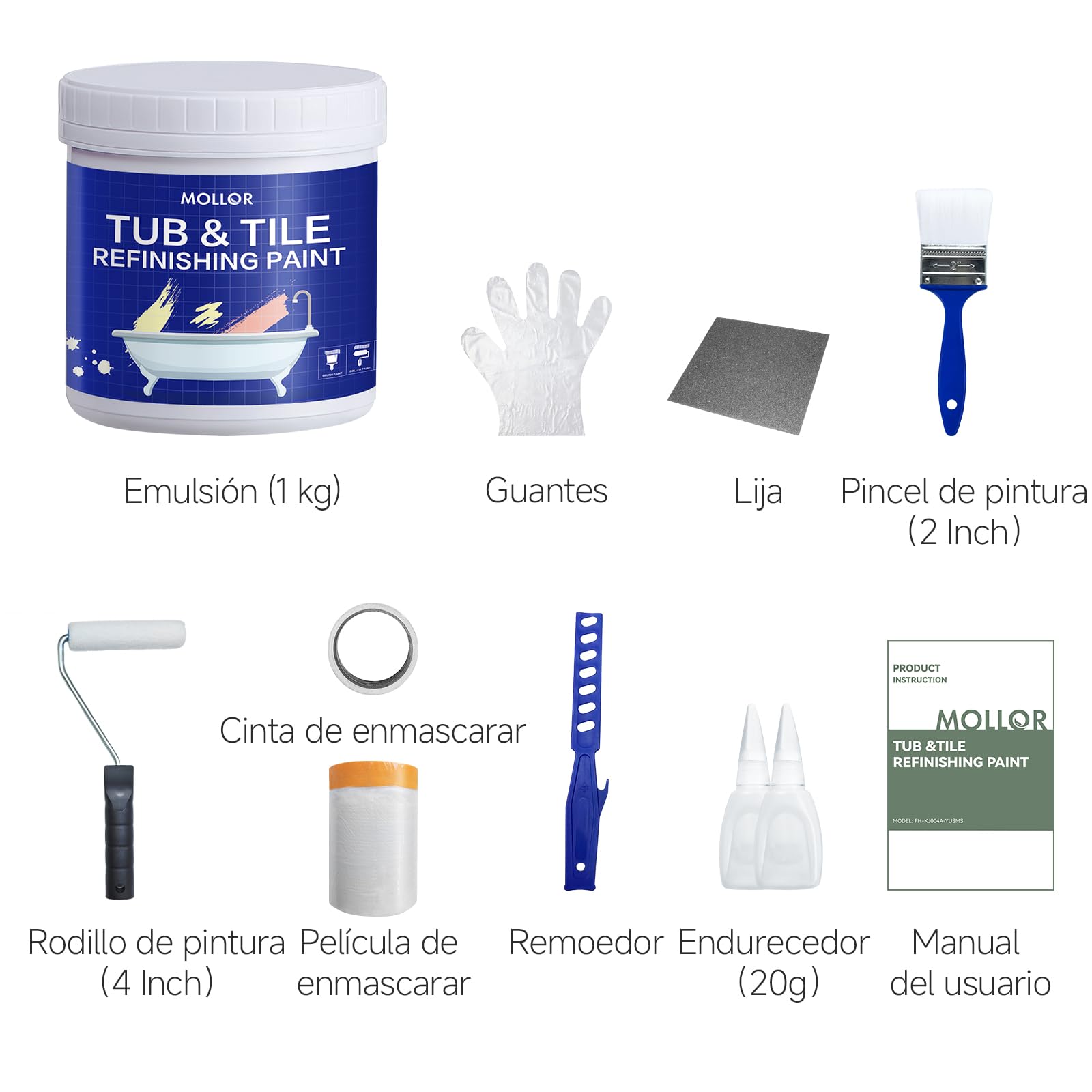 Kit de renovación bañeras y azulejos con herramientas, 35oz pintura blanca water-based, bajo olor, DIY, fácil uso, semi-brillante, 4.6-5.5m²
