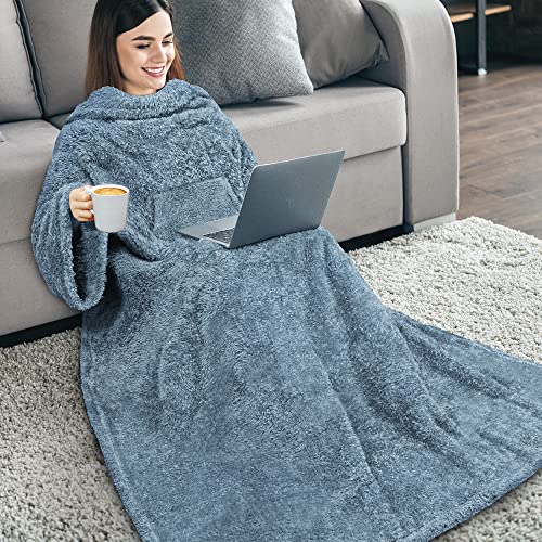 Pavilia Fluffy Blanket With Sleeves For Women Men Adults, Wearable Blanket Plush Soft Fuzzy, Hug Sleep Pod Snuggle Pocket Sleeved Tv Throw, Sherpa Fleece Warm Cozy Shaggy Gifts Ideas Mom Wife, Blue #TOP1