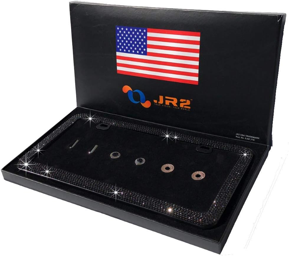JR2 Luxury Handmade White Rhinestone Metal License Plate Frame with Gift Box+Free Premium White Diamond Anti-Theft Screw Cap-2PCS (Pink)