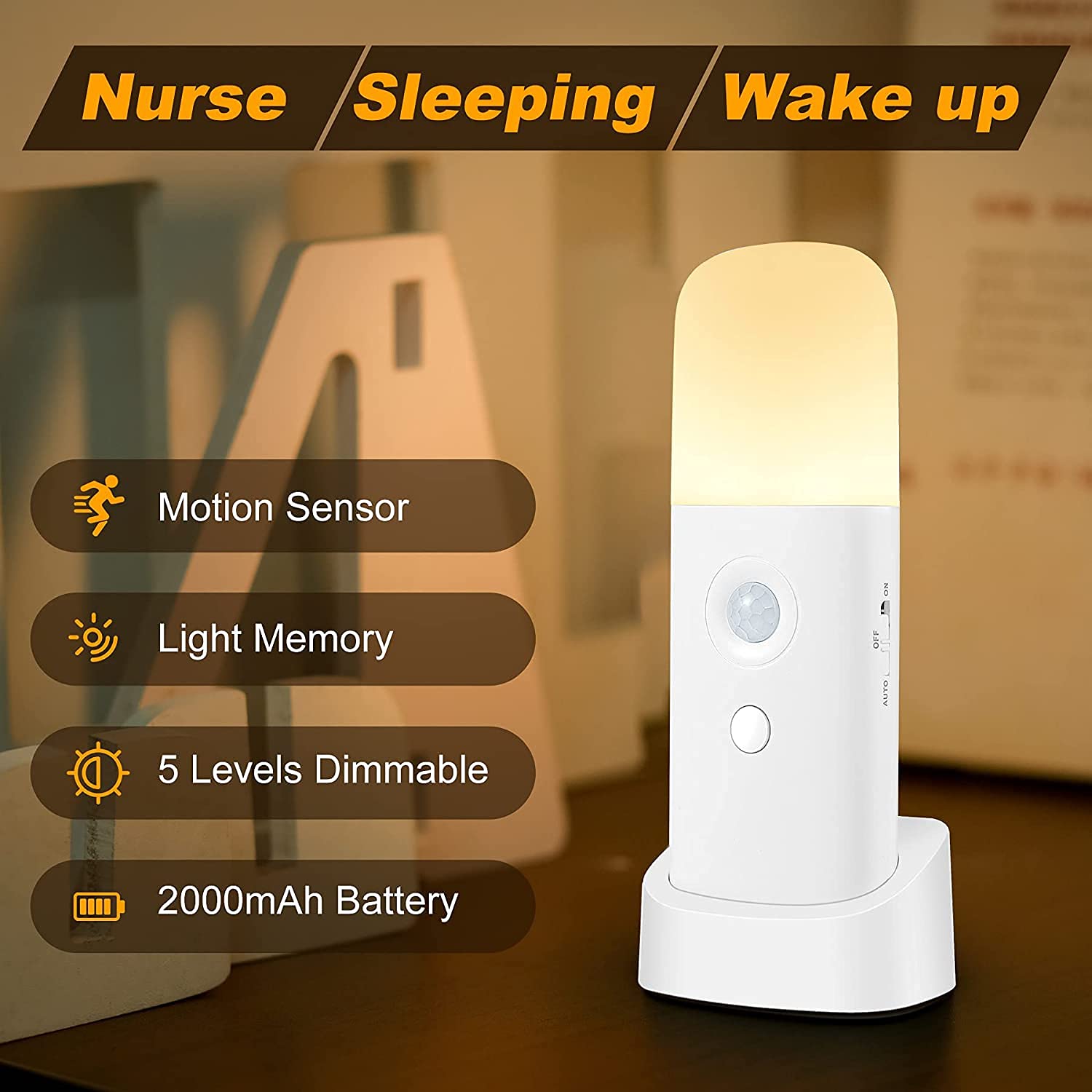 CREWEEL Nachtlicht mit Bewegungsmelder, wiederaufladbar, batteriebetrieben, tragbare Tischleuchten für Kinder, verstellbare Helligkeit, LED-Leuchten für Schlafzimmer, Badezimmer.