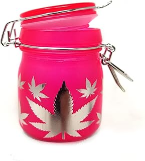 TMI Stash Jars Airtight Glass Storage Jar Medium 3.75inch Tall (Frosted Neon Pink/Silver Leaves)