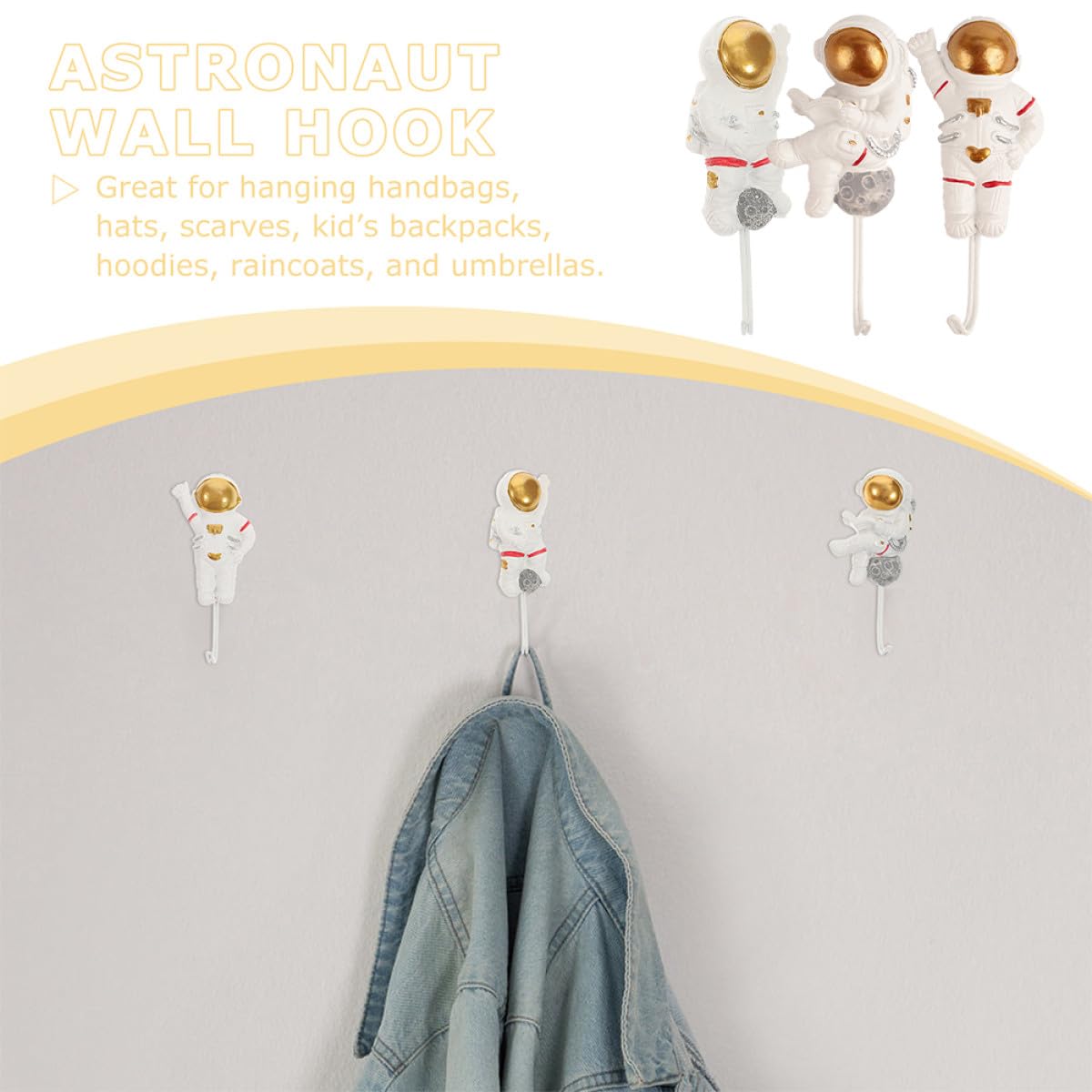 SOLUSTRE Crochets Muraux Adhésifs sans Perçage en Résine Synthétique Forme Astronaute 3 Pièces Forte Capacité Support pour Balcon et Organisateur