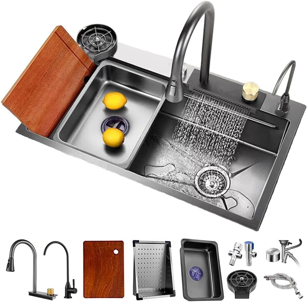 Sink Steel 304 Stainless Single Bowl Sinks Kitchen Black Square Flying Rain Waterfall Undermount Workstation Sink With Pull-Down Faucet Cup Washer(BLACK-31.5 * 17.7In) BLACK-31.5*17.7In Black