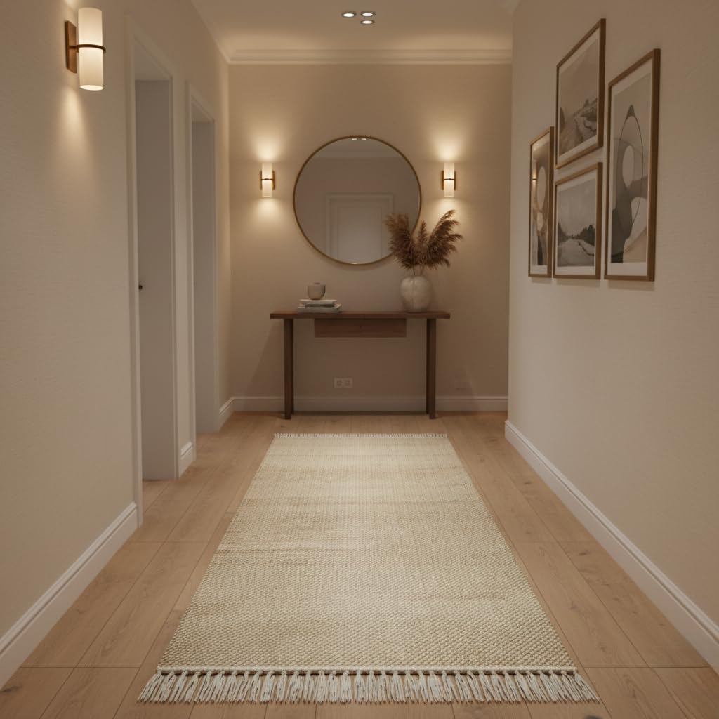 Elegant Floors® Jute-Wolle Teppich Natur | Handgefertigtes Boho Wohnaccessoire mit Fransen im Skandi Stil | Moderner Wohnzimmer Teppich für Boden Deko und Läufer | 70x130 cm
