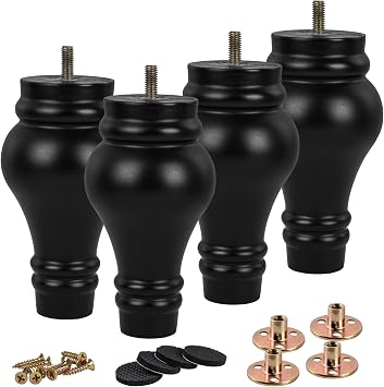 6 inch / 14cm Wooden Furniture Legs, Pack of 4 Black Solid Wood Turned DIY Replacement Bun Feet with M8 Hanger Bolts & T-Nuts or Sofa Couch Cabinet Recliner Ottoman Riser