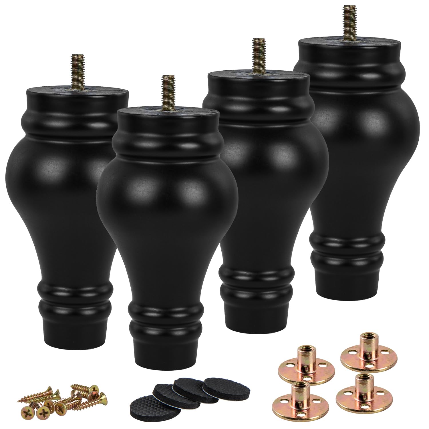 TCHOSUZ 6 inch / 14cm Wooden Furniture Legs, Pack of 4 Black Solid Wood Turned DIY Replacement Bun Feet with M8 Hanger Bolts & T-Nuts or Sofa Couch Cabinet Recliner Ottoman Riser