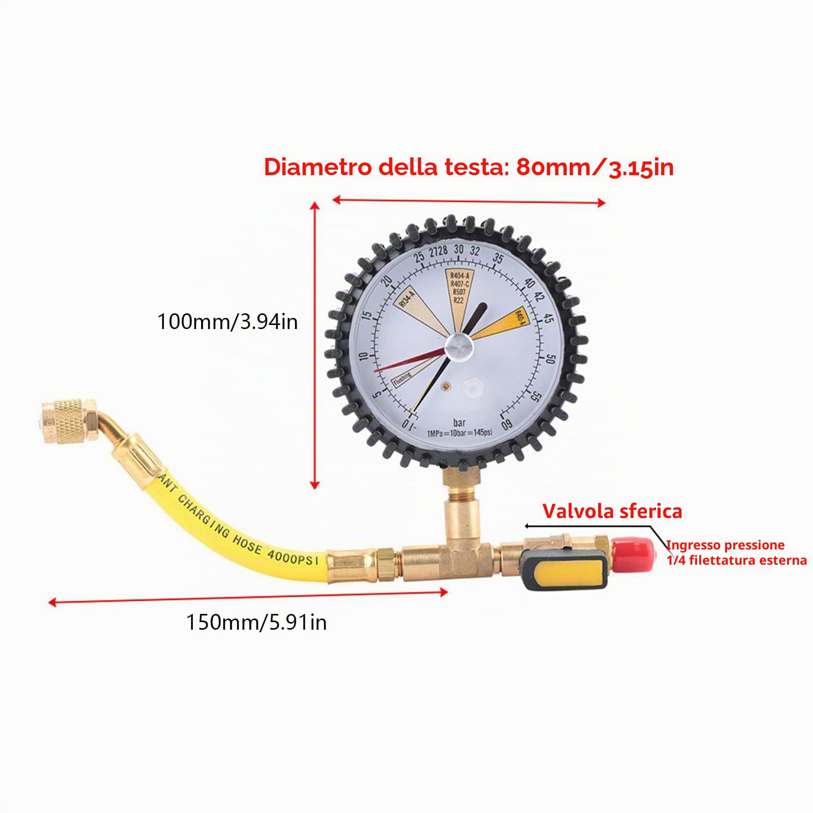 Manometro per Refrigerazione e Aria Condizionata con Valvola Sferica, Test Pressione Azoto, Compatibile R134a R22 R407C R410A, 1/4 Pollice, -1~60 Bar, 80mm