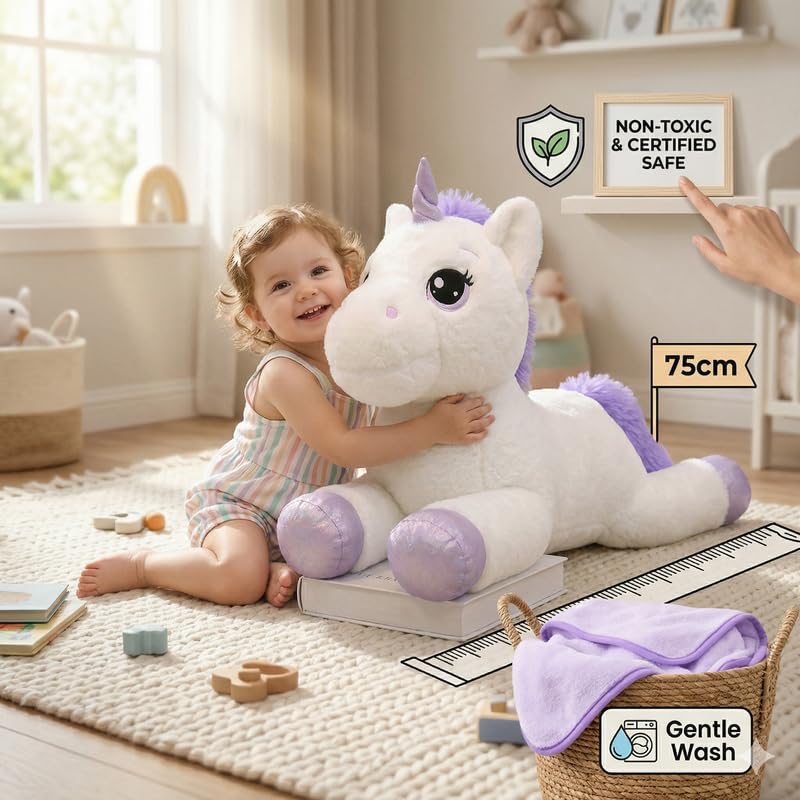 Image of HUG 'n' FEEL SOFT TOYS 75 cm White Unicorn Soft Toy - Big Size Plush Unicorn Stuffed Animal | Ultra Soft Huggable Doll for Girls & Kids | Birthday Gift, Valentine & Room Decor