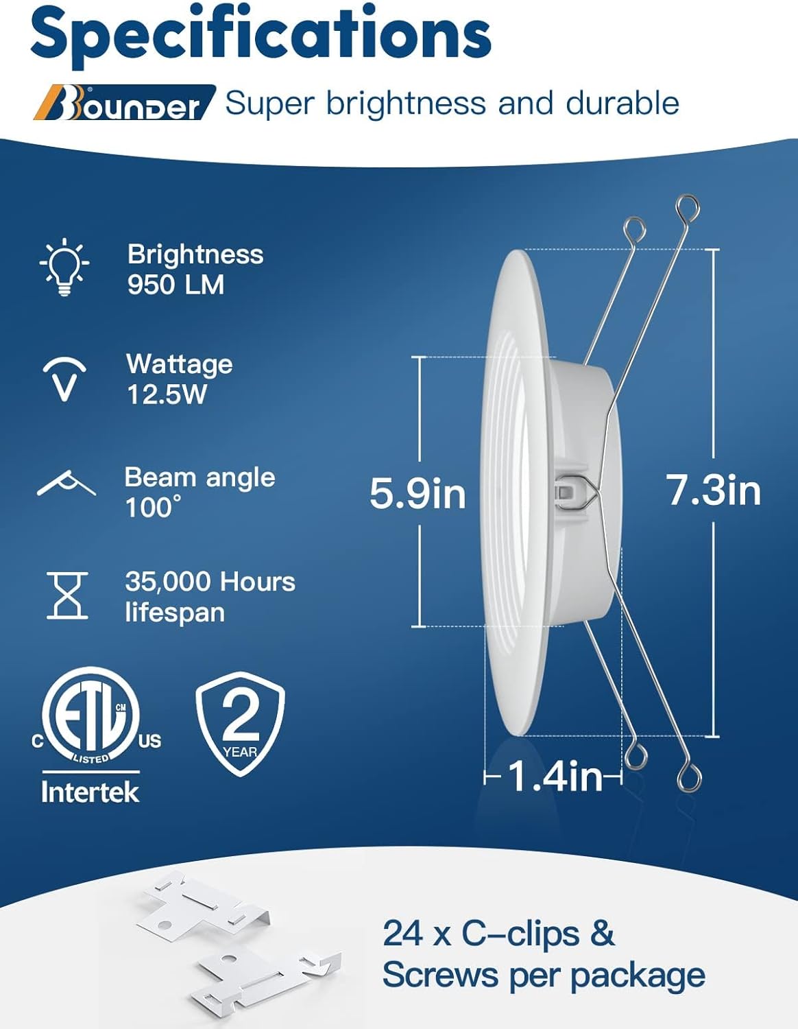 Diagram showing the dimensions of the BBOUNDER LED recessed downlight, including brightness, wattage, beam angle, lifespan, and certifications.