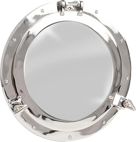 Miniatura 10 de Espejo de ojo de buey  Acabado blanco níquel plateado de 10 pulgadas  Decoración náutica de pared para baño y dormitorio  Decoración antigua de