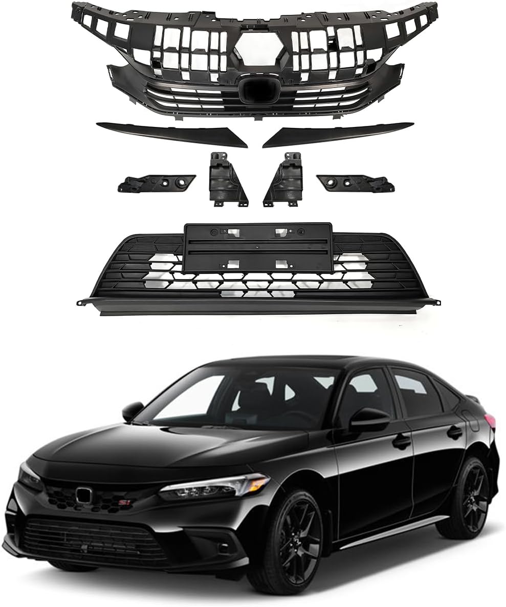 Front Bumper Upper&Lower Grille +Headlight Eyelid Set Fit For H0NDA Civic 2022-2023