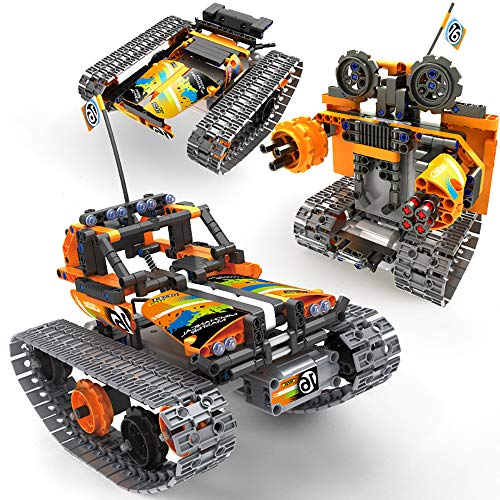 Nuduoki STEM Building Toys 392PCS 3-in-1 Remote Control Building Kits 2.4Ghz Rechargeable Tracked Racer RC Car/Tank/Robot Engineering Learning Toy Gift Set for 8-12 Year Old Boys and Girls (Orange)